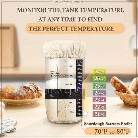 Sourdough Starter Kit 24 Oz With Date Marked Feeding Band Thermometer Cloth Cover Jar on kitchen counter