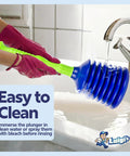 Powerful Pro Grade Kitchen and Bathroom Sink Plunger for Fast Clog Removal in use with large bellows and blue finish handle