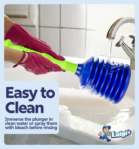 Powerful Pro Grade Kitchen and Bathroom Sink Plunger for Fast Clog Removal in use with large bellows and blue finish handle