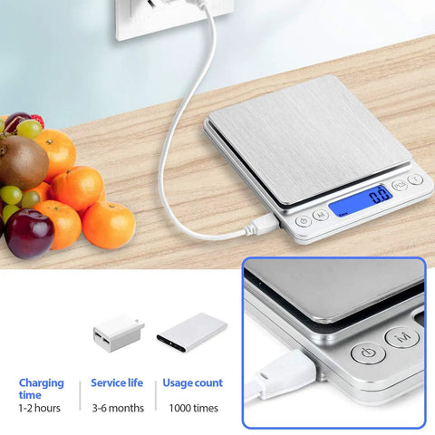 Rechargeable Kitchen Scale With Trays, Ultra Precise 3000g/0.1g Digital Food Scale charging with fruits nearby