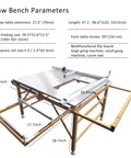 Heavy Duty 220 Volt Table Saw With Rugged Stand For Woodworking Crews Featuring Smooth As Silk 45 Degree Bevel Cuts And A Badass Sliding Table Extension Paired With A No Sweat Dust Collection Bag To Keep Your Shop Sweet And Grit Free details saw bench with parameters including length, folding size, and push table stroke.