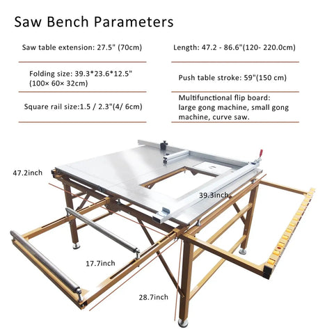 Heavy Duty 220 Volt Table Saw With Rugged Stand For Woodworking Crews Featuring Smooth As Silk 45 Degree Bevel Cuts And A Badass Sliding Table Extension Paired With A No Sweat Dust Collection Bag To Keep Your Shop Sweet And Grit Free details saw bench with parameters including length, folding size, and push table stroke.