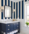 Dope Navy Blue And Cream Vertical Stripe Peel And Stick Wallpaper Roll Premium Thick Removable Vinyl Wall Covering For Modern Home Decor in bathroom.