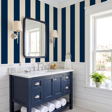 Dope Navy Blue And Cream Vertical Stripe Peel And Stick Wallpaper Roll Premium Thick Removable Vinyl Wall Covering For Modern Home Decor in bathroom.