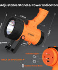Rechargeable Spotlight With USB-C Fast Charge, Beast Bright 800 Lumen Handheld Flashlight showing stand and power indicators