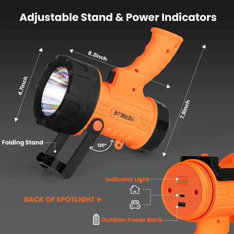 Rechargeable Spotlight With USB-C Fast Charge, Beast Bright 800 Lumen Handheld Flashlight showing stand and power indicators