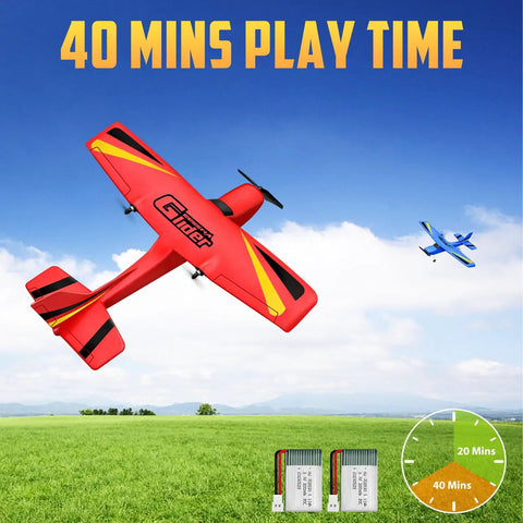 Beginner Friendly Ready To Fly RC Airplane With Self Stabilization For Kids And New Pilots in flight, red durable foam glider