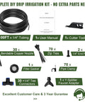 100 Ft Drip Irrigation Kit with Dual Zone Misting System and 30 Copper 360 Degree Adjustable Nozzles product layout with components