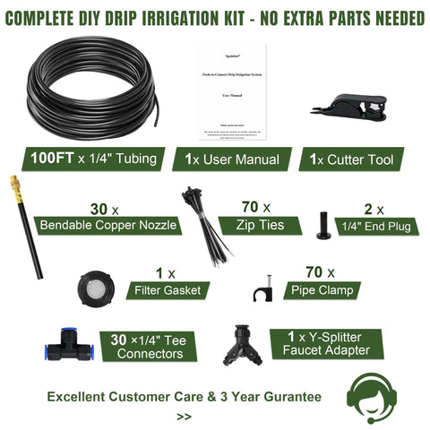 100 Ft Drip Irrigation Kit with Dual Zone Misting System and 30 Copper 360 Degree Adjustable Nozzles product layout with components