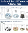 Detail of two-pack differenttm adapter kits for trimmers, showing Stihl blade adapter and universal adapter with dimensions.