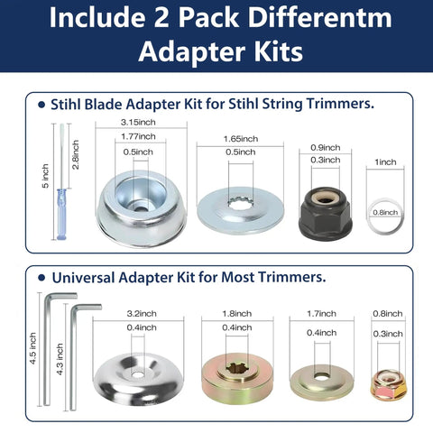 Detail of two-pack differenttm adapter kits for trimmers, showing Stihl blade adapter and universal adapter with dimensions.