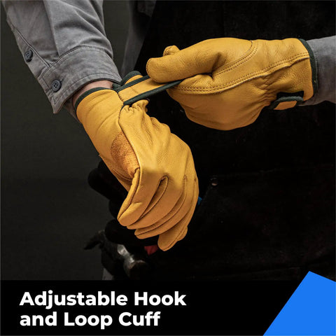 Person adjusting Winter Leather Work Gloves With Thinsulate Lining For Cold Weather, 100 Percent Full Grain Cowhide, Size Large.