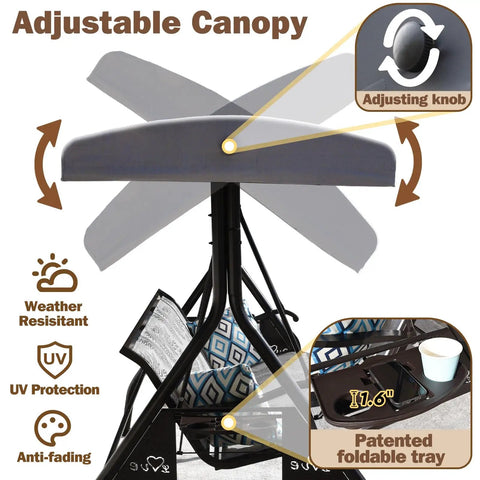 Adjustable canopy and cup holders feature of Three Person Outdoor Patio Swing With Adjustable Canopy, Heavy Duty 800 Lbs Capacity