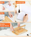 DIY Book Binding Press Kit With Bamboo Wood Construction showing folding, binding holes, sewing, and movable blocks.