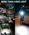 Beast Mode 8000 Lumen Bike Lights For Night Riding with various uses shown: pet light, camping, rear light, mountain climbing, night ride.