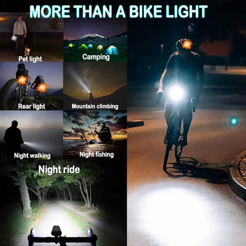 Beast Mode 8000 Lumen Bike Lights For Night Riding with various uses shown: pet light, camping, rear light, mountain climbing, night ride.