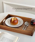Solid Acacia Wood Serving Trays 2 Pack Real Deal Party Platters on table with bread roll and utensils.