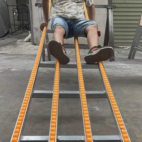 Heavy Duty Lightweight Unpowered Roller Conveyor Guides For Package Delivery With Durable Abs Plastic Rollers Perfect For Warehouse Shipping And Packing Workflows In 30 40 Or 50cm Yellow Styles, person using the conveyor.