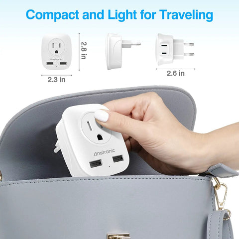 Person placing 3 Pack European Travel Plug Adapter With Dual USB Ports And Two US Outlets, 4 In 1 Type C Power Converter in bag