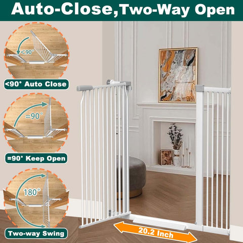 Extra Wide Baby Gate With Walk Through Door with auto-close and two-way open features in living room, 20.2 inch swing opening