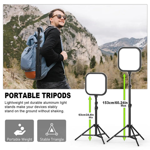 Traveler carrying Two Pack 15W LED Video Light Kit with 78 Inch Tripod, shows dimmable studio lights for video recording.