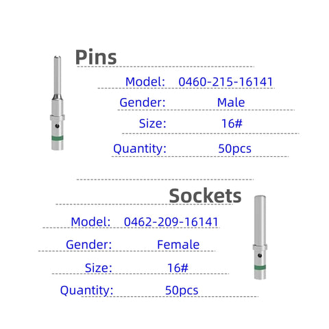 DT Series Pin And Socket Connector Kit With 50 Male Pins And 50 Female Sockets, 16 Gauge Solid Contacts For 14 20 AWG Wire, 100 Pieces