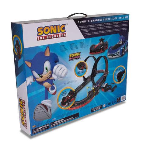Back packaging of Sonic Racing CrossWorlds Slot Car Track Set with Rad Double Loop Action and 3.5 Inch Sonic and Shadow cars.