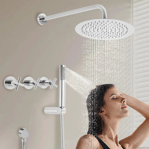 Shower System 10 Inch Wall Mounted Rain Shower with Handheld Spray Combo, chrome fixtures, overhead and handheld spray in shower.