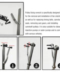Front view of camshaft sprocket locking tool with ergonomic handle, bolts, washers and metal lever