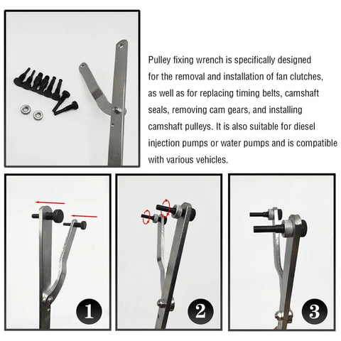 Front view of camshaft sprocket locking tool with ergonomic handle, bolts, washers and metal lever
