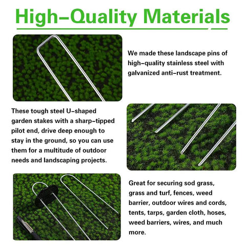 Heavy Duty 6 Inch Garden Landscape Staples U Shaped 11 Gauge Galvanized Pins for Weed Barrier Fabric close-up view
