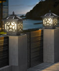 Outdoor Solar Post Light With Glass Lampshade Waterproof Pillar Lamp for fence with glowing star design at night