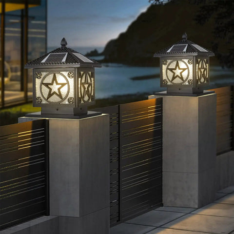 Outdoor Solar Post Light With Glass Lampshade Waterproof Pillar Lamp for fence with glowing star design at night