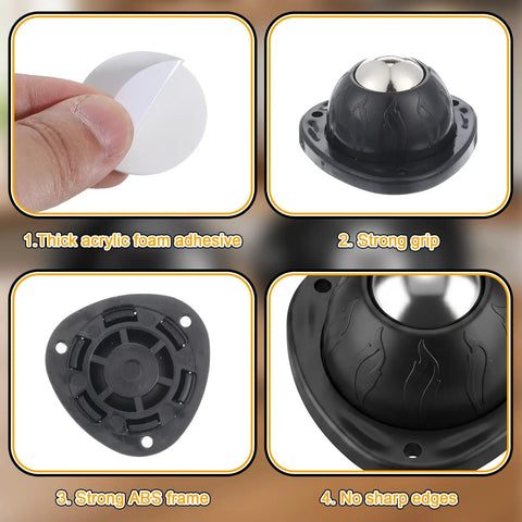 Heavy Duty Black Stainless Steel Caster Wheels Four Pack With Nifty Self Adhesive Backing showing thick foam adhesive and ABS frame design.