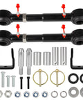 Front view of a pair of black adjustable sway bar quick disconnects with red pins for Jeep TJ/XJ, plus mounting hardware