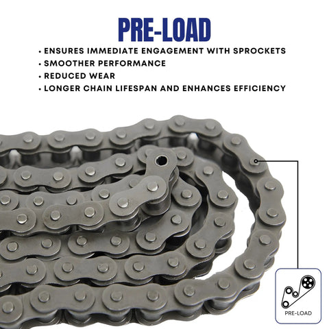 ANSI 35 Roller Chain Three Feet With Two Connecting Links And One Offset Link, Heat Treated Pins And Side Plates, 0.375 Inch Pitch, 2100 Lbs Tensile Strength, heavy duty chain pre-load detail