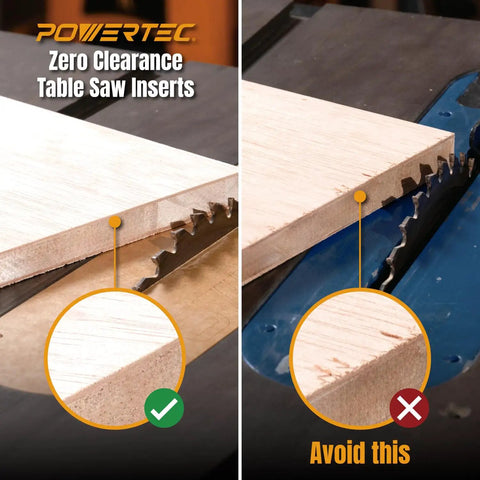 Zero Clearance Table Saw Inserts 3 Pack Pro Grade for Cleaner Cuts and Kickback Prevention shown with blade comparison.