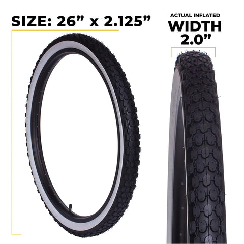 26 Inch White Wall Bicycle Tires For Beach Cruiser And Cruiser Bikes With Or Without Tubes 2 Pack Includes Tire Levers And Upgraded Replacement Parts For A Killer Ride, side and front view showing size and tread details