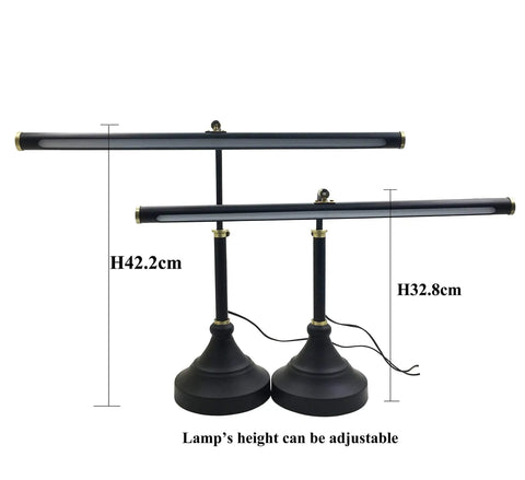 Wide 21.26 Inch Piano Lamp With LED Light Panel, Eye-Caring, Adjustable Height in Black and Gold, shown at two heights.