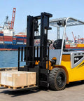 Heavy Duty Electric Forklift Truck Rolled Out As A Straight Shooter Warehouse Workhorse For Narrow Aisles And Heavy Cargo Hauling With No Hassle Counterbalance Lifting Power, lifting palletized boxes by the waterfront.