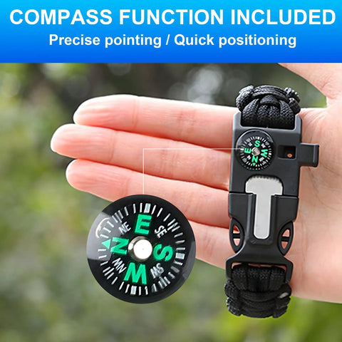 Close-up of black 3 Pack Survival Bracelet Set with compass, whistle, and fire starter for camping and hiking.