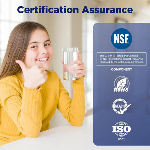 Woman holding glass of water next to certification assurance for Heavy Duty 50 Micron Pleated Water Filter Cartridge For Whole House Sediment Removal 10 Inch By Four And A Half Inch Universal Fit Fits Most Sump Style Systems Easy Install Four Pack Compatible With ECP10 1 ECP20 BB R50 BBSA FXHSC CB1 SED10 BB