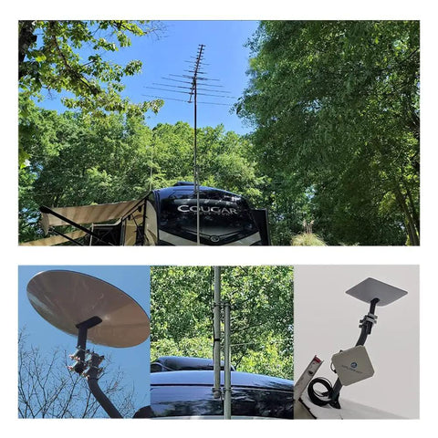 Two Pack Beefy Antenna Mast Clamp V Jaw Block Kit With 5.5 Inch Bolts Anti Rust Heavy Duty Pole To Pole Mounting Bracket For Ham Radio CB TV Pipe Flag Posts Umbrellas And Parasols 3 Setup Options, mounted antenna