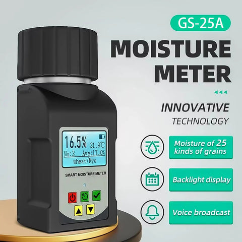 Grain Moisture Tester Portable Cup Type Meter For 25 Grains Including Wheat Corn Coffee High Precision 0.5 Percent With Temperature Compensation Data Storage For Farmers Food Processors And Traders, GS-25A
