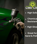 LiME LiNE 2K clearcoat automotive paint kit with hardener, 1.25 qt; spray gun applying glossy top coat on green car