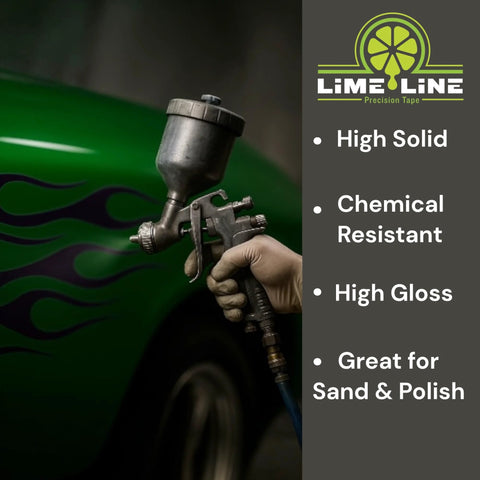 LiME LiNE 2K clearcoat automotive paint kit with hardener, 1.25 qt; spray gun applying glossy top coat on green car