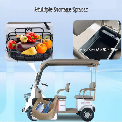 Chill Four-Seater Electric Golf Cart With Massive Storage Trunk And 800W Motor showcasing multiple storage spaces and basket.