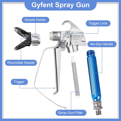 Heavy Duty Airless Paint Sprayer Gun Kit With Six Swappable Tips And Pop In Filters For Zero Mess Wall Coating and Fence Staining showing nozzle holder and trigger features.