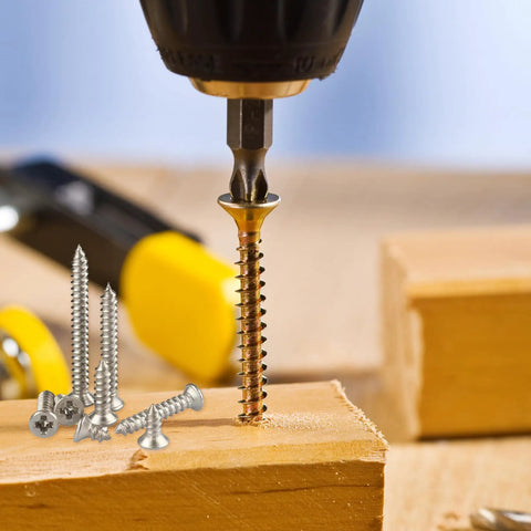 Close-up of wood being drilled with screws from Eight Hundred Piece M2 304 Grade Stainless Steel Screws Assortment Kit