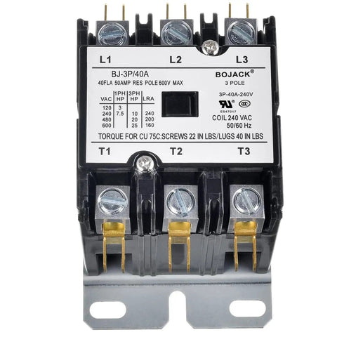 Three Pole 40 Amp 240V AC Definite Purpose Contactor For Air Conditioner Condenser Beefy Heavy Duty HVAC Coil 240 VAC 50 60 Hz 600V Max Withstand Reliable Industrial Grade Switch front view